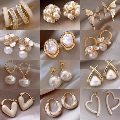 10pcs Vintage Luxury Faux Zirconia Pearl Earrings, Assorted Styles