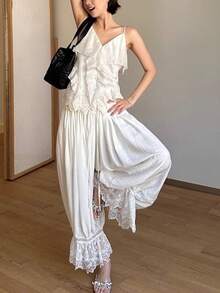 Women's Long Lace Bloomers Casual Loose Fit Stylish Solid Lace Floral Drawstring Mid Rise Crop Pants - Trắng 1 - Xem 3