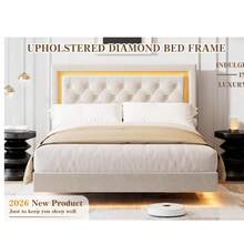 Marco de cama tapiceada flotante con luces led, Cama de plataforma completa / reina con cabecera de diamante, Soporte de láminas de madera, No se necesita muelle de caja, Sin ruido, Fácil montaje - Blanco - Tamaño Queen - Ver 3