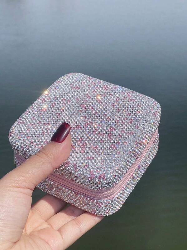 1个多功能镜面首饰盒，奢华闪亮水钻耳环、戒指、手镯收纳盒，便携式旅行首饰盒，理想礼物