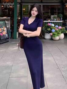 [Y6Y] Đầm ôm sát cổ polo cài nút, đầm midi dáng ôm eo thanh lịch cổ điển dành cho nữ, mùa xuân/hè - Màu xanh hải quân - Xem 6