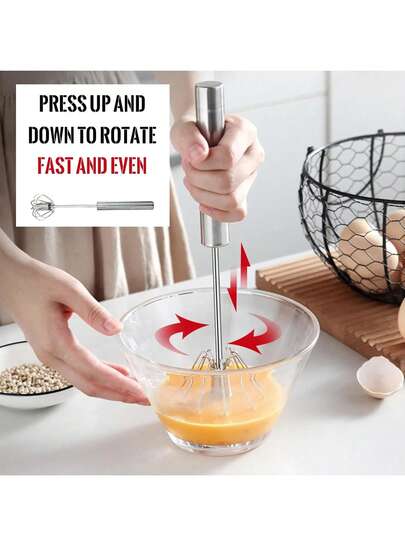 1pc Stainless Steel Semi-Automatic/Manual Egg Beater, Cream Whipper, Pressure Cream Mixer, Flour Mixer, Household Milk Manual Stirrer, Rotary Cream Kitchen Baking Tool