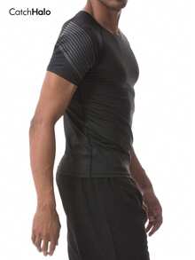 Men's Athletic Striped Shirt, Grey Slim Fit Compression Top, Raglan Sleeve Design Breathable Quick-Dry, Suitable For Gym, Training And Fitness - Black - View 2