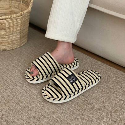 XIXITIAO Striped & Bear Patchwork Indoor Floor Slippers, Comfortable Soft-Soled Flat Slippers, Lightweight, Versatile & Cute Home Slippers