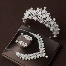 1 Set Bridal Accessories, Classic Elegant Pearl Crown, Luxury Necklace And Earrings 4pcs Jewelry Set, Suitable For Wedding Dress, Gown, Party, Prom - 白色 - 查看 4