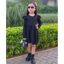 Vestido Inverno Infantil e Juvenil para Meninas e Adolescentes Tricot com Detalhes no Tecido Manga com Frufru Babado Manga Longa Outono e Inverno (VINF433) - Preto - Visão 3