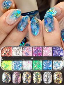 12 Grids Irregular Flakes Nail Sequins Glitter, Holographic Mermaid Blue Pink Nail Art Sequins, Spring Summer Japanese Design Nail Art Glitter Flakes Decorations Manicure - Multicolor - View 11