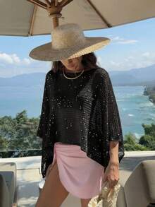 優雅女款春夏時尚休閒度假海灘風粉色針織鏤空亮片船領純色半透視連帽上衣黑色 - 黑色 - 查看 6