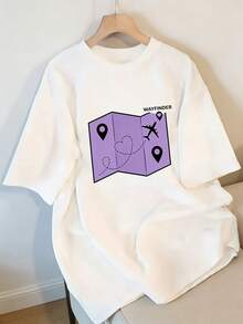 Effortless Graphic Map Design Women's Short-Sleeve T-Shirt, Round Neck Slim Fit, Suitable For Daily Casual Wear, Travel Adventures, And Casual Gatherings. Decorated With A Stylish "Pathfinder" Print, Featuring Images Of Airplanes And Landmarks. Relaxed Fit - White - View 7