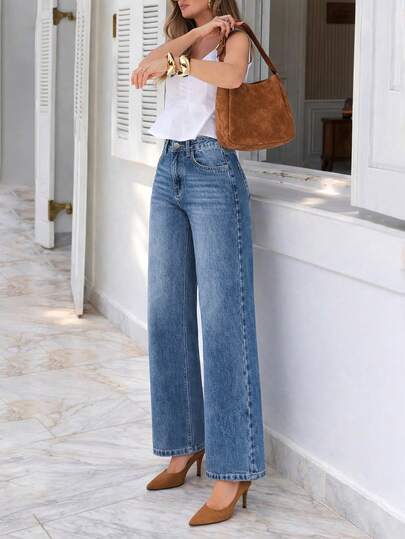 Women's Loose Stretch Washed Blue Wide Leg Jeans, Versatile For Commuting And Everyday Wear, All Season Casual Spring