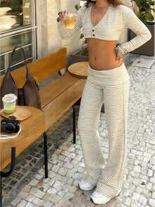 Women Y2k Striped Fold Over Pants Low Rise Yoga Pants Lounge Bottoms Color Block Wide Leg Flare Sweatpants - 象牙白 - 查看 3