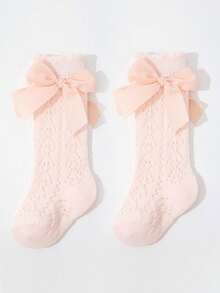 1 par de calcetines largos de malla estilo escolar con decoración de lazo de unicolor para niñas/niñas pequeñas - Rosa - Ver 8