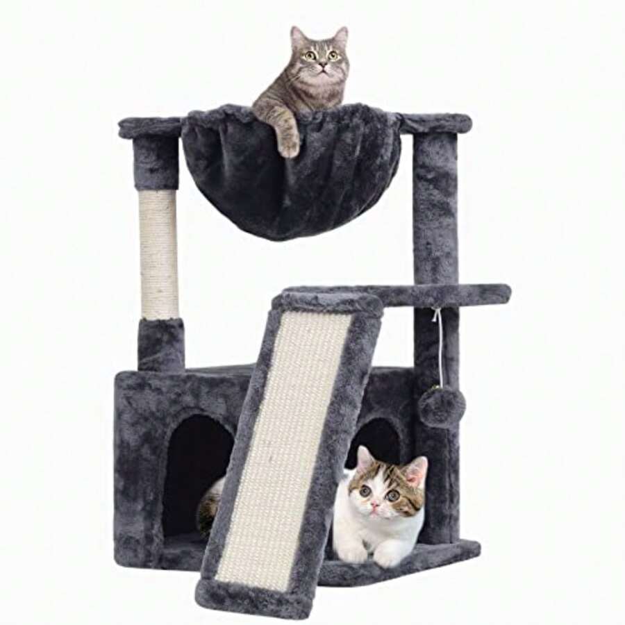 23.62" Cat Tree For Indoor Large Cats Cat Tower With Scratching Posts And Board Modern Cat Bed Furniture With Condo And Basket Smoky Grey - Khói - Xem 1