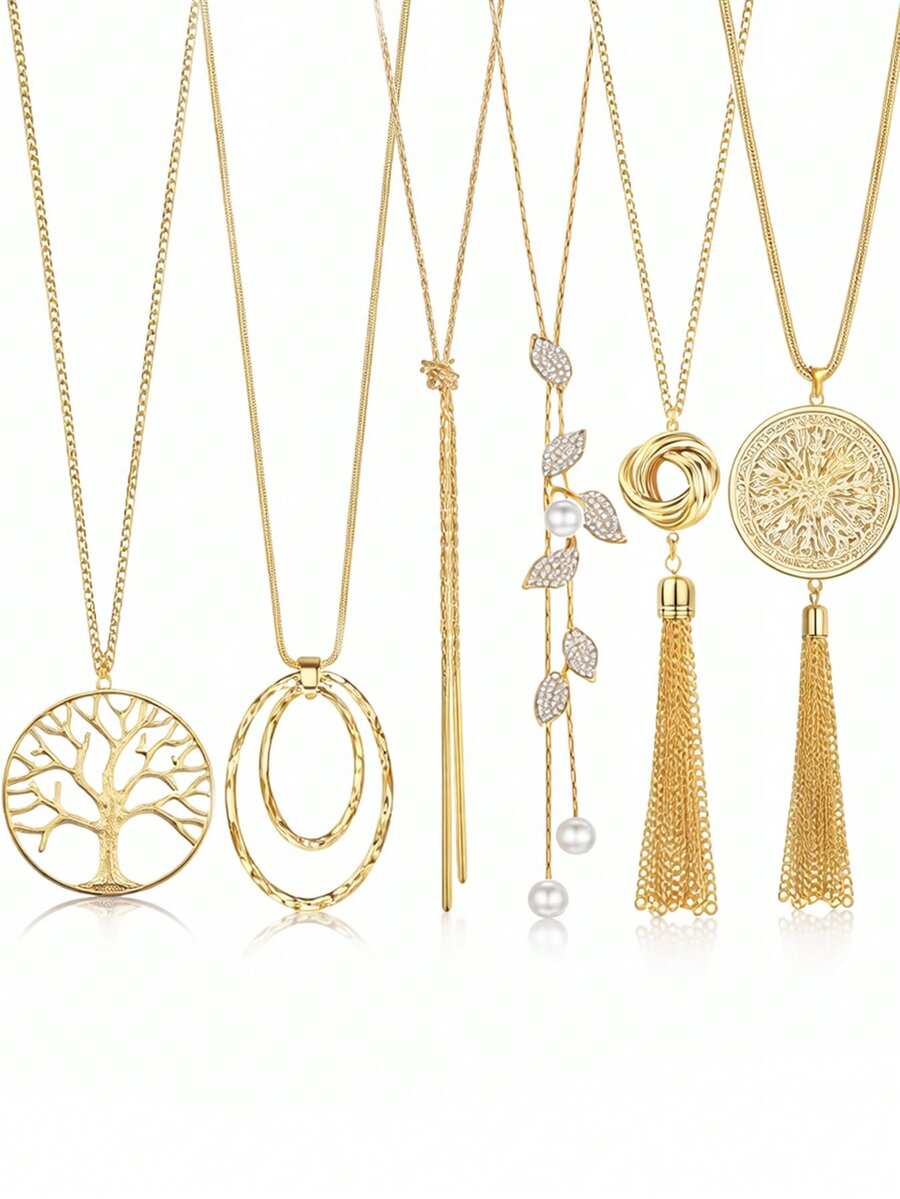 Xiacheng 1/6件套金色流苏多层项链，适合作为母亲节礼物送给女士，长款吊坠饰有心形、羽毛和树叶图案 - 金色(新) - 查看 1