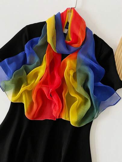 1件珍珠雪纺彩虹渐变色围巾披肩，女士款