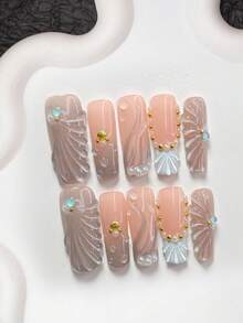 10pcs Ocean Gradient Style Manicure Set, Including Gel Nail Kit, Blue Rhinestones, Shell Nail Decorations, Line Nail Art Decor, White Nail Polish, Mermaid Shell Style, With Nail Tools (1 Jelly Sticker + 1 Nail File). Available In 3 Sizes Suitable For Almond, Duck Mouth, And Coffin Nails. Suitable For Parties, Daily Wear, Parties, Photography, Spring/Summer Dates, Office, And More. - 彩色 - 查看 15