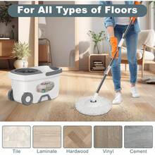 2026 Hot Spring Summer Popular Mop And Bucket With Wringer Set, Spin Mop And Bucket Floor Cleaning System, 61" Extended Long Handle Household Cleaning Tool With 6 Replacement Microfiber Refills, Wet & Dry Mop For Hardwood, Tile, Vinyl & All Hard Surfaces, Elegant White Color, Perfect For Home Kitchen Office Daily Use, Birthday Party, Holiday Cleaning & Ideal Festival Birthday Gift For Family, Friends, Homeowners - Xô lau nhà màu trắng + 6 đầu lau nhà - Xem 6