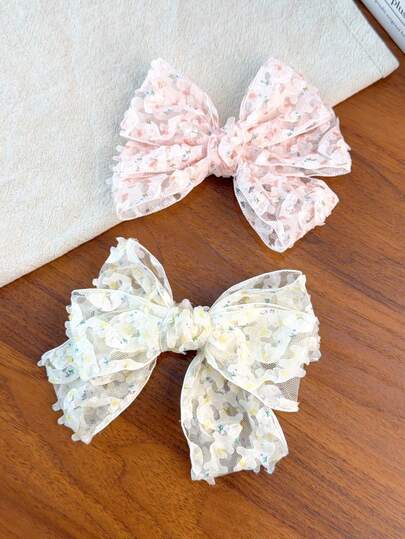 2pcs Cute Floral Bow Hair Clips, Soft Tulle Lace Bow Barrettes, Sweet Pastel Side Clips For Teens & Girl