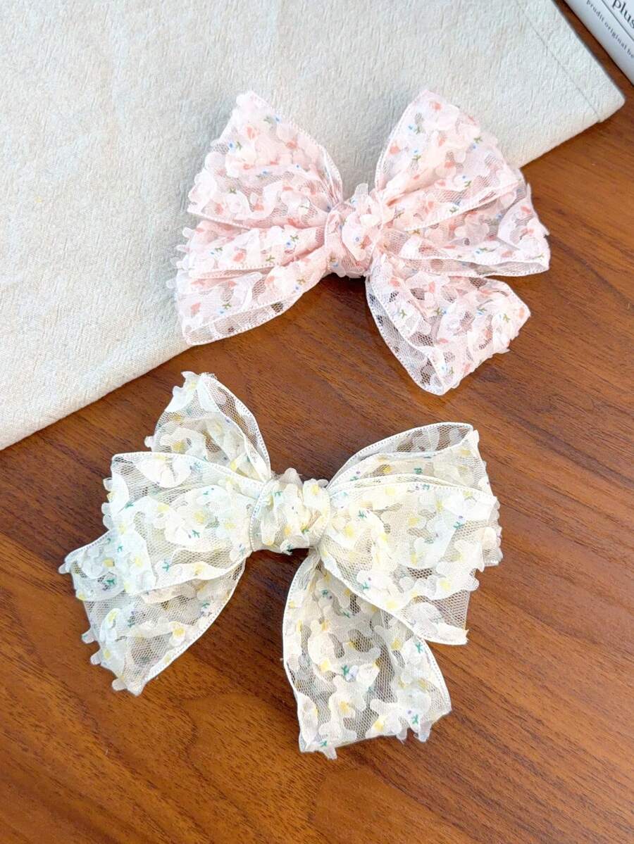 2pcs Cute Floral Bow Hair Clips, Soft Tulle Lace Bow Barrettes, Sweet Pastel Side Clips For Teens & Girl - Multicolor - View 1