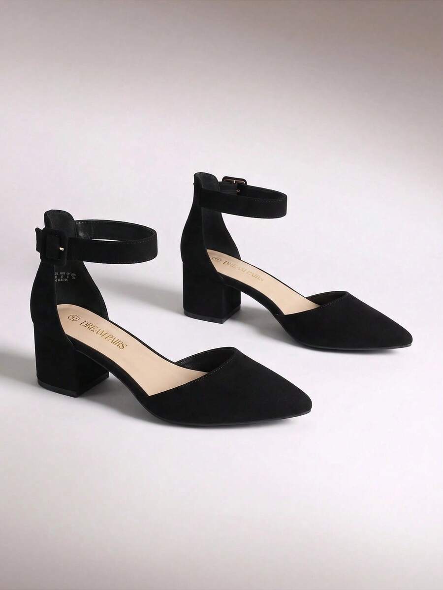 Women Pointed Toe Low Chunky Heels Pumps Ankle Strap Elegant Versatile Simple Shoes For Daily Commute & Business - Black - View 1
