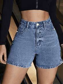 Quần short denim cạp cao, túi xéo, kiểu dáng thường ngày dành cho nữ tuổi teen, thoải mái và thời trang. - Màu xanh lam - Xem 3