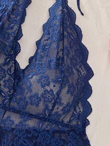 Conjunto de pijama de talla grande con combinación de encaje y mono sexy - Azul Marino - Ver 5
