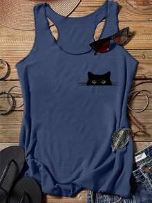 Plus Size Printed Round Neck Sleeveless Tank Top, Casual Summer Tank Top For Women - Sea Blue - View 2