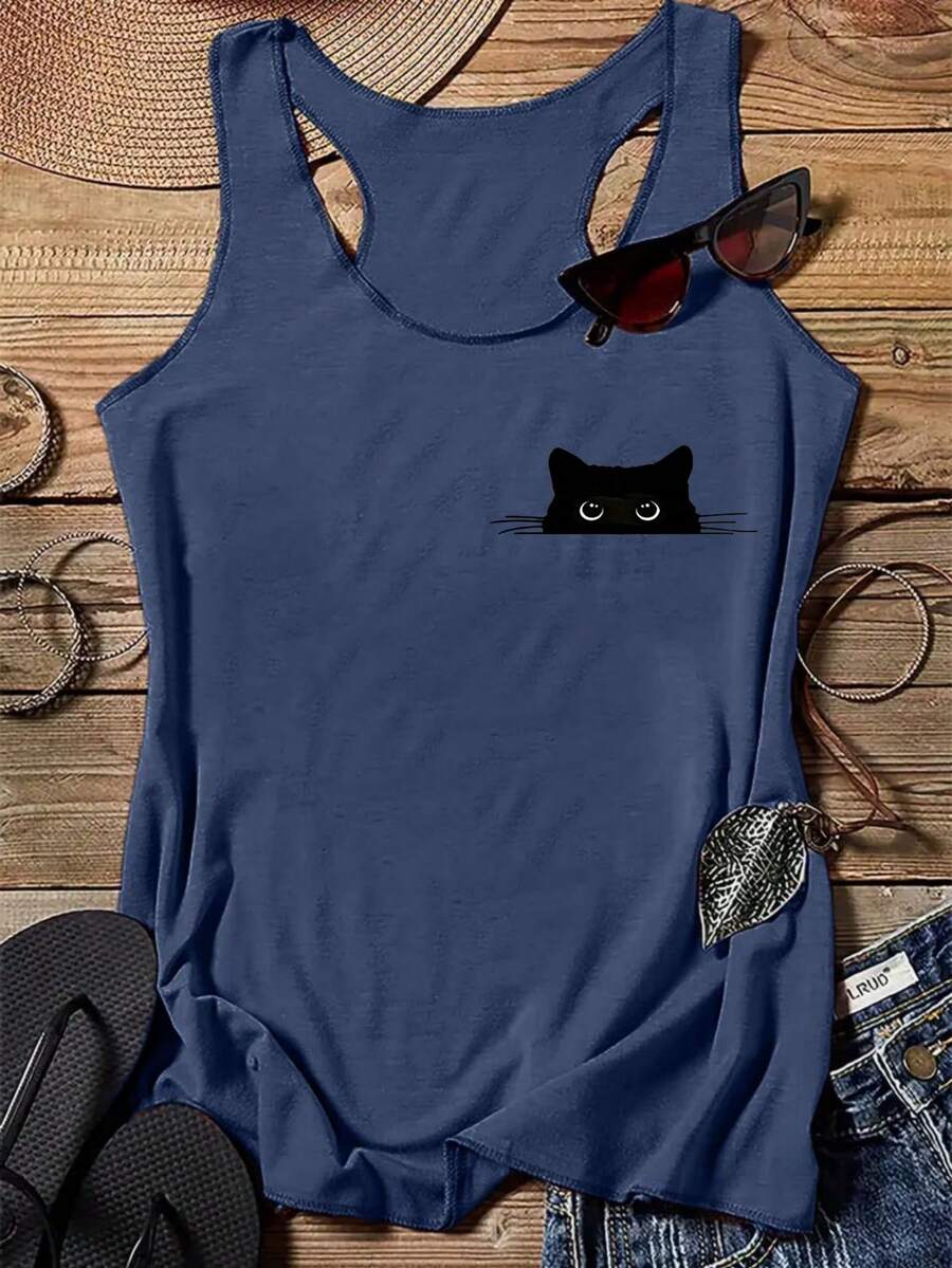 Plus Size Printed Round Neck Sleeveless Tank Top, Casual Summer Tank Top For Women