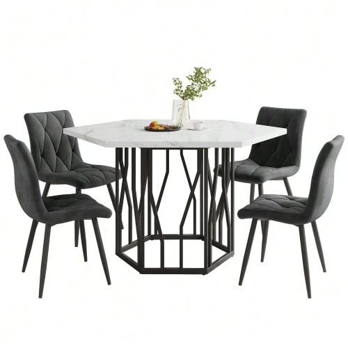 Dining Table And Chair Set (5-Piece Set), Modern Hexagonal Marble Dining Table + 4 Velvet Dining Chairs To Create A Warm And Modern Restaurant - Grey - View 1