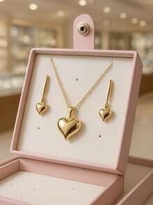 Women's Heart Necklace And Earring Set, 18k Gold Plated - 金色 - 查看 2