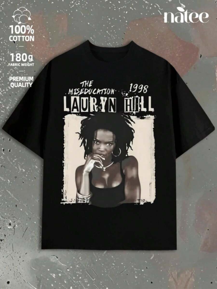 Graphic-Shirt Cotton Tees Size PlusVintage Lauryn Hill's Singer 90 S Music Graphic T-Shirt Lauryn Hill Casual Digital Print Pure Heavy 100% Cotton T Shirt S-3XL,A Surprise Gift For Family And Friends ,Y2K,Oversized Shirt Men S-5XL,Summer Tops - 黑色 - 查看 1