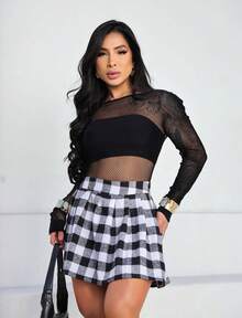 Women's Plaid Skirt, Pleated, Round, With Flannel Pleats, São João Party, June Party - 黑與白 - 查看 4