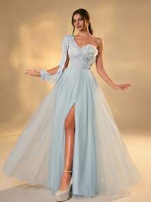 Women's Asymmetrical Neck Long Tulle Dress With Appliques And Lace-Up Back - Baby Blue - View 7