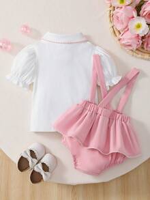 两件套夏季女宝宝柔软透气POLO领泡泡袖上衣+蝴蝶结背带裤套装 - 彩色 - 查看 3