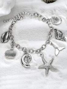 一套两件波西米亚风沙滩度假合金海星贝壳美人鱼流苏可调节手链和项链首饰套装，适合度假和日常佩戴 - 彩色 - 查看 7