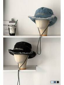 1 pieza Sombrero de cubo de mezclilla deshilachado con cordón ajustable - Gorra de estilo vintage - bolsillo deshilachado de la época - Ver 4