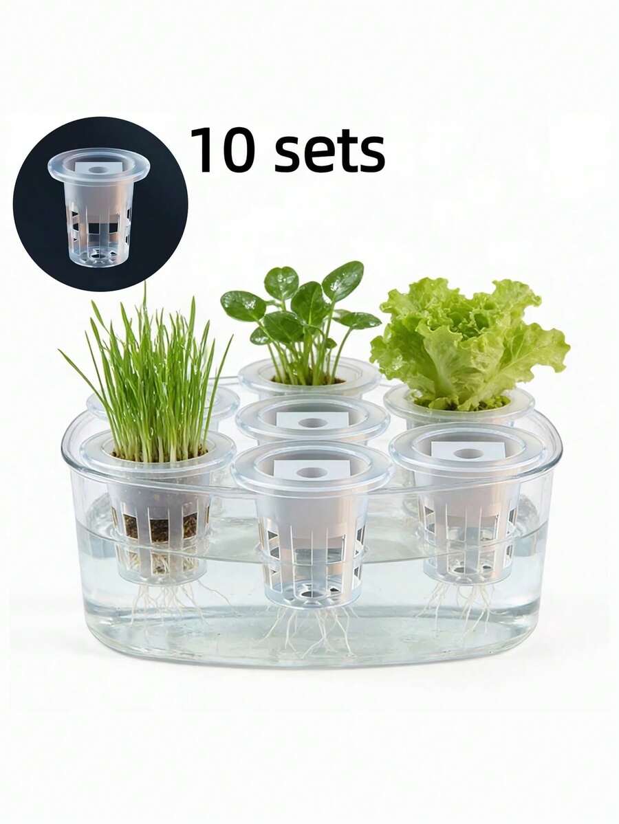 10 piezas Juego de cestas de cultivo hidropónico (incluye 10 cestas de cultivo + 10 insertos de esponja) | Fijación de semillas para evitar el flotamiento, transparente para observar fácilmente las raíces, adecuado para sistema de cultivo hidropónico en balcón/invernadero