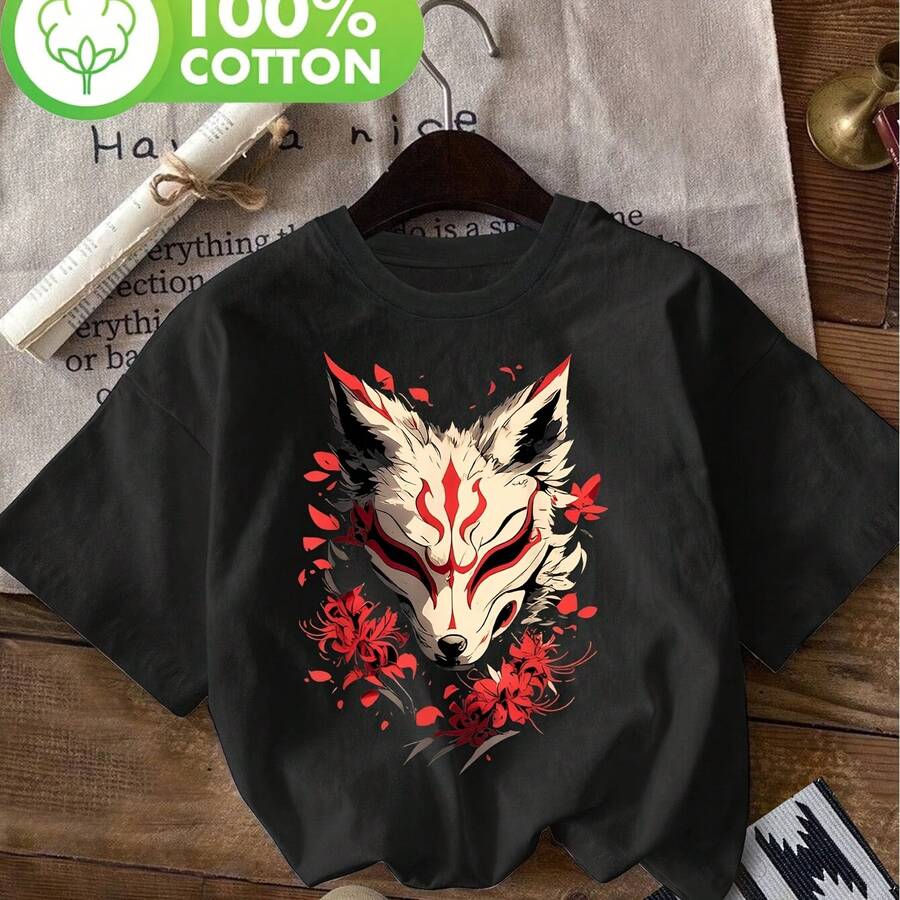 Japanese Red Spider Lily Flower Print T-Shirt, Short Sleeve Crew Neck Casual Top For Summer & Spring, Women's Clothing Easter Women's T-Shirt & Holiday Gifts - Black - View 1