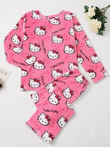 SANRIO 两件套可爱柔软毛绒睡衣，卡通印花加厚绒里长裤+上衣，白色/粉色/黑色/酒红色可选，保暖休闲家居服套装，适合春、秋、冬三季穿着，卡通动漫图案，时尚派对礼物，适合送给朋友、女朋友、情侣，也适合返校、感恩节、新年等节日礼物。 - 粉色 - 查看 13