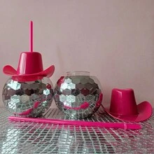 1pc 20oz Silver Mirror Disco Ball Tumbler With Removable Pink Cowboy Hat, Aesthetic Disco Theme Party Cup With Straw, Creative Western Girl Gift & Fun Bar Accessories (600ml) - Silver - View 1