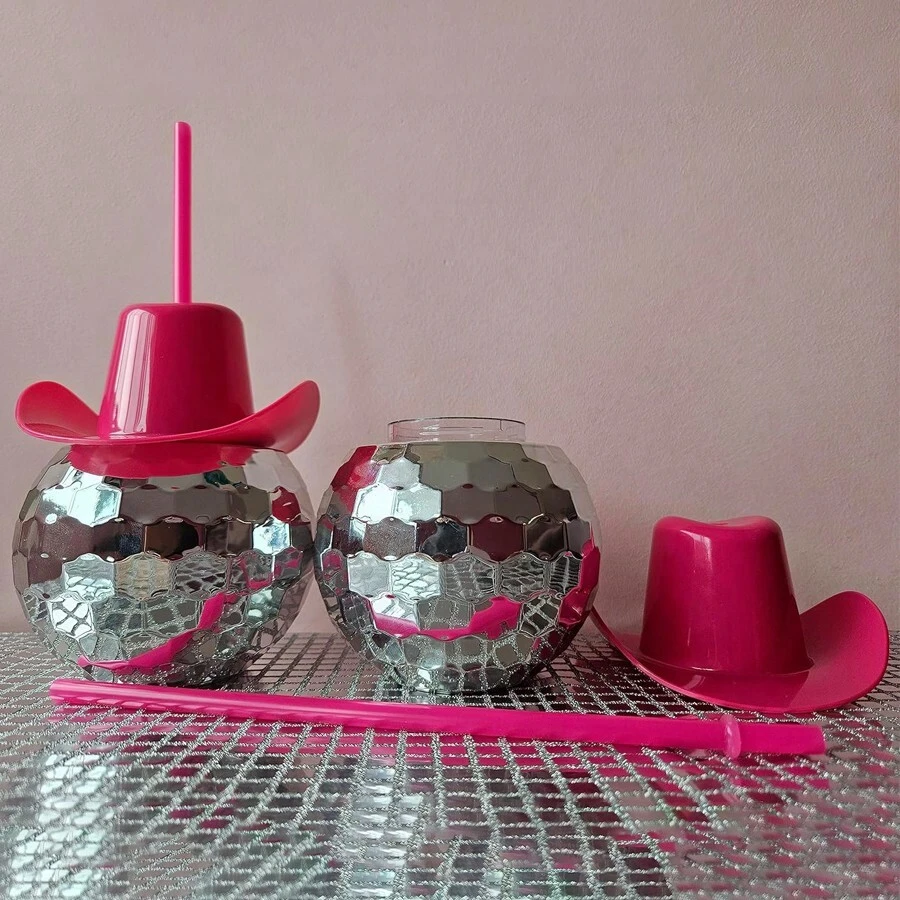1pc 20oz Silver Mirror Disco Ball Tumbler With Removable Pink Cowboy Hat, Aesthetic Disco Theme Party Cup With Straw, Creative Western Girl Gift & Fun Bar Accessories (600ml) - Silver - View 1