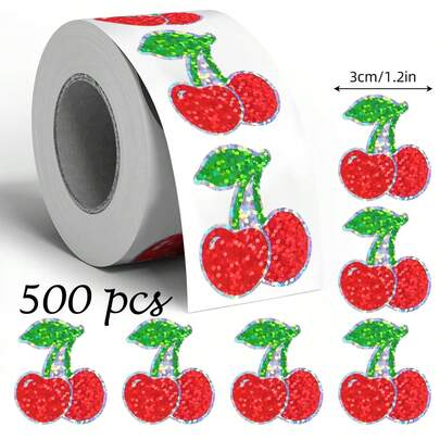 500pcs/Roll Holographic Cherry Stickers, Red Cherry Stickers, Shiny Cherry Stickers Suitable For Cake Shop, Dessert Shop, Milk Tea Shop, Convenience Store, Bakery Decoration, Sealing Stickers, Handmade Labels, Back To School Decoration Stickers, Motivational Stickers, Gift Decoration Stickers, Stationery Stickers Scrapbook Supplies Scrapbooking