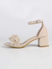 Women's Blue 3D Floral Decor Square Toe Thick Strap Chunky Heel Sandals, Fashionable Daily Wear, Spring/Summer - Apricot - View 5