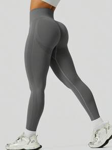 NcmRyu 1pc Women's Seamless Ribbed Elastic Slimming Sports Leggings - Dark Grey - View 2