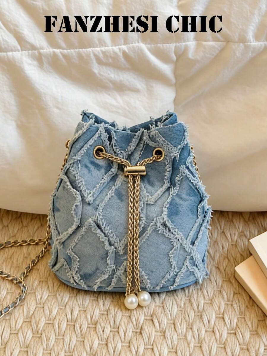 New Fashion Classic All-Match Solid Color Diamond Lattice Raw Edge Metal Drawstring Opening And Closing Design Shoulder Bucket Bag, Elegant Women's Wallet, Suitable For Shopping, Commuting To Work, Party GatheringsRandom Embroidery Patterns - Blue - View 1