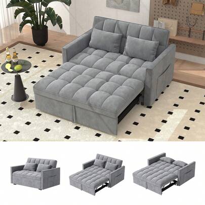 51.18" Velvet Convertible Sleeper Sofa,3-In-1 Loveseat Futon Sofa Bed With Adjustable Backrest For Living Room,Bedroom,Small Spaces,Light Grey