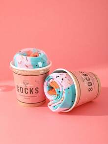 1 Pair Of Incredibly Cost-Effective Multicolor Mid-Calf Gift Socks, Available In Men's And Women's Styles, Couple Gift Box Set, Soft And Novelty Ice Cream Socks, Whimsical Food-Inspired Creative Design, Comfortable And Versatile, Suitable As Birthday Gifts - Multicolor - View 7