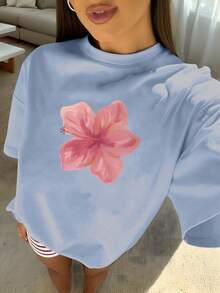 1pcs Plus Size Women's Loose Fit T-Shirt, Printed With Watercolor Pink Hibiscus Flowers, Perfect For Tropical Vacations, Beach Dates, Summer Parties - 淺藍色 - 查看 10