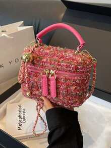 Mini Quilted Chain Crossbody Bag, Lightweight And Portable, Casual Fashion Mini Plaid Bucket Bag, Suitable For Girls, Women, College Students, Young Professionals, And Office Workers, Essential Item For Autumn/Winter, Applicable For Work, Office, Commuting, University, Autumn/Winter And Outdoor Activities. - Màu Hồng Tươi - Xem 4