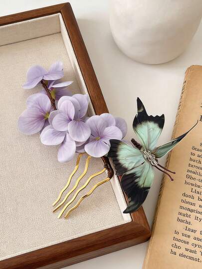 1个蝴蝶仿真花发夹，自然风格发饰，适合女孩，也适合海滩度假